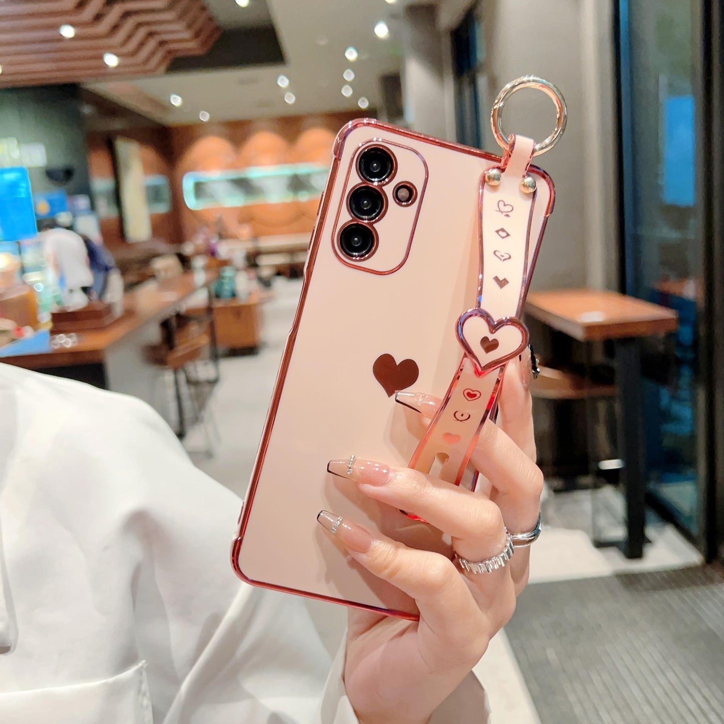 Plating Love Heart TPU Phone Case with Wristband For Samsung S25Ultra S24 S23 S22 S21 Shockproof Soft Full Cover