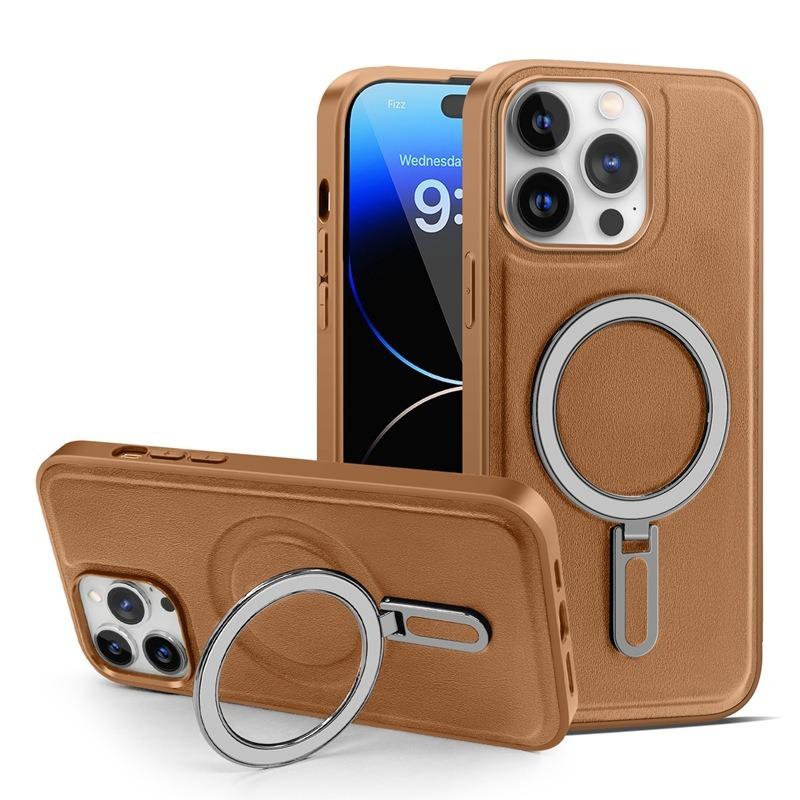Luxury Full Leather Glossy Kickstand Phone Case For Magsafe For iPhone 16ProMax 16 15 14 13 12 11 Metal Ring Magnetic Metal Holder Shockproof Stand Back Cover