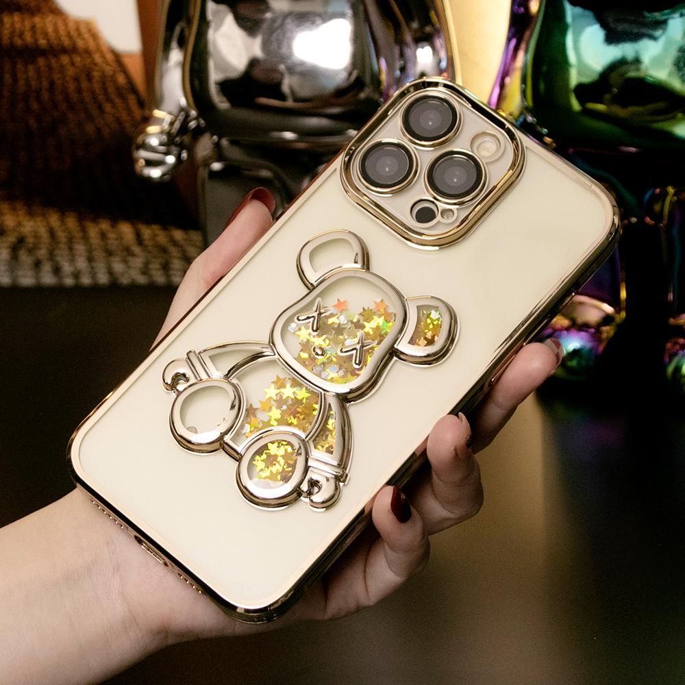 Cartoon Glitter Quicksand Bear Phone Case for iPhone 16 15 14 13 12 Pro Max