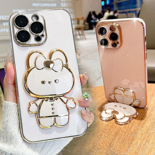 Cute Rabbit Mirror Stand Plating Phone Case for iPhone 16 15 14 13 12 Pro Max