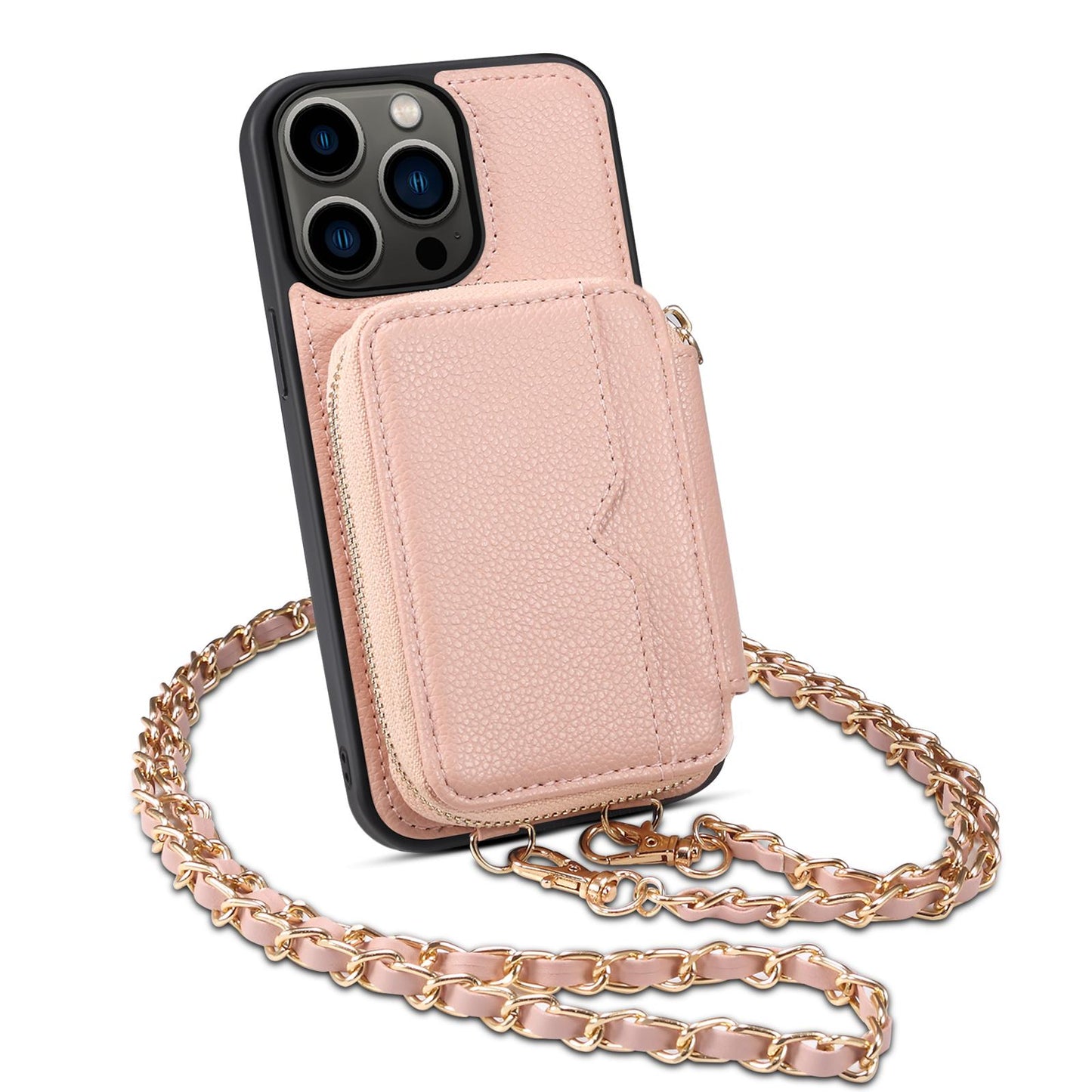 Zipper Crossbody Wallet Phone Case for iPhone 15 14 Plus 13 Pro Max Mirror Metal Chain Lanyard Card Slot Holder Leather Cover