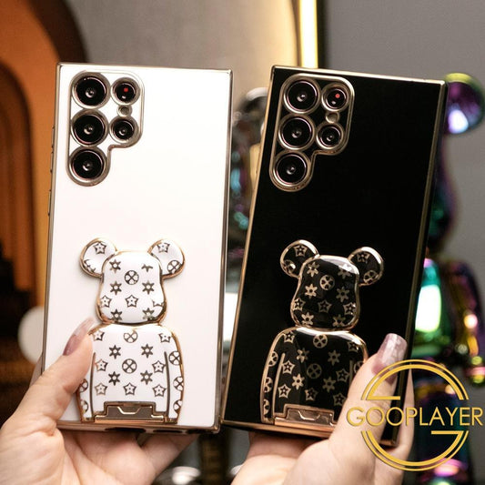 Plating Flower Bear Stand Phone Case for Samsung Galaxy S24 S23 S22 S21 FE Plus Ultra Note20