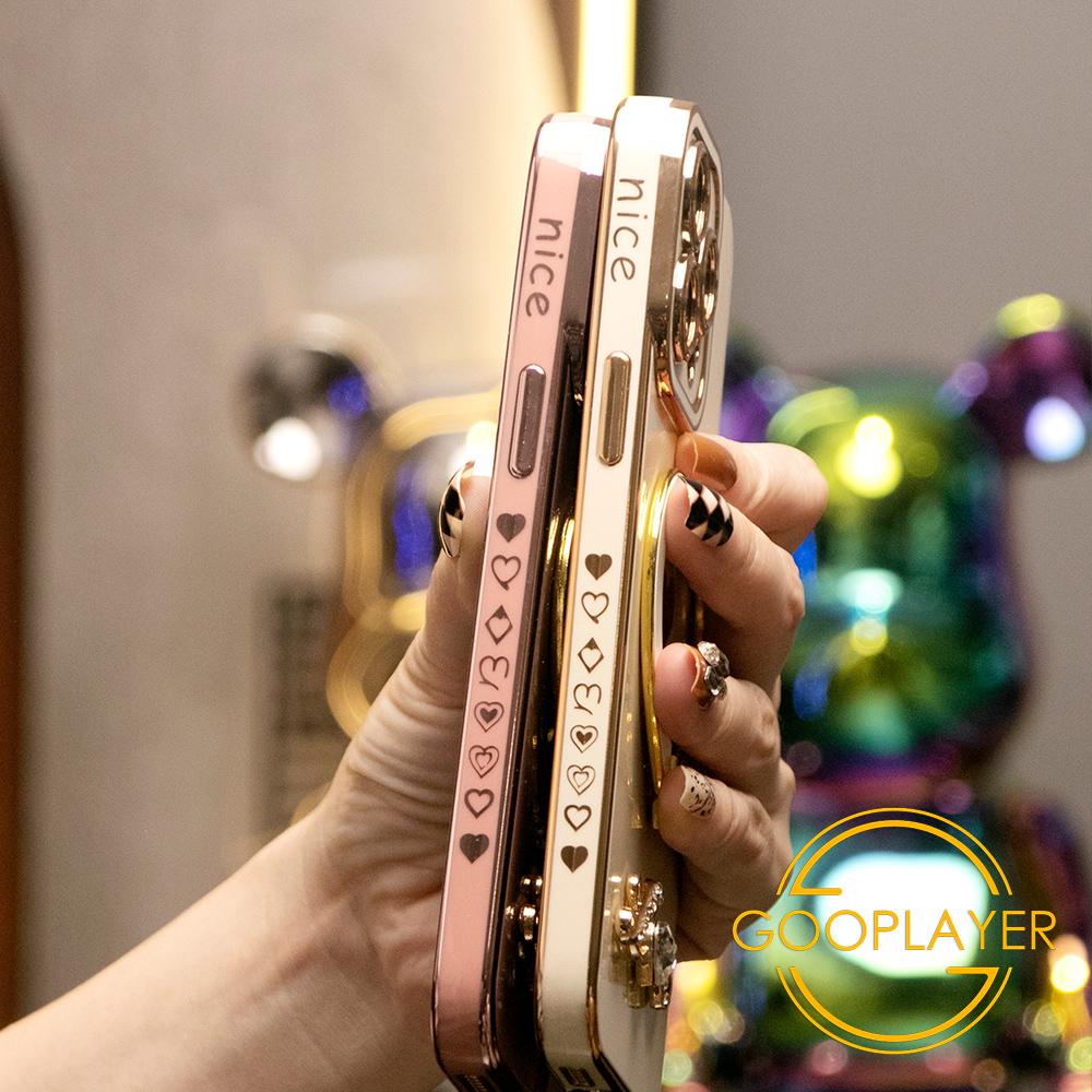 For iPhone 16 15 14 13 12 11 Pro Max, Luxury Love Heart Kickstand Holder Plating Soft Camera Protector Phone Case