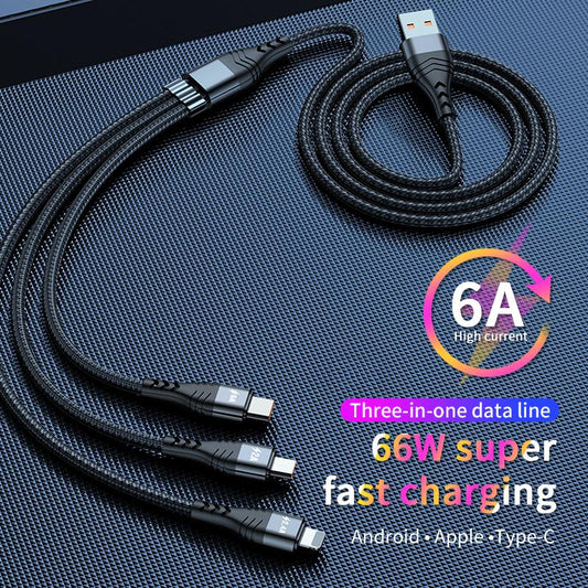 1.2m/2m 6A 1in3 One Drag Three Quick Filling Line Aluminum Alloy + Two-color Braided Thread Fast Charging Cable Main Line 70 Type-c Micro USB 65W Flash Charge for iPhone for Samsung