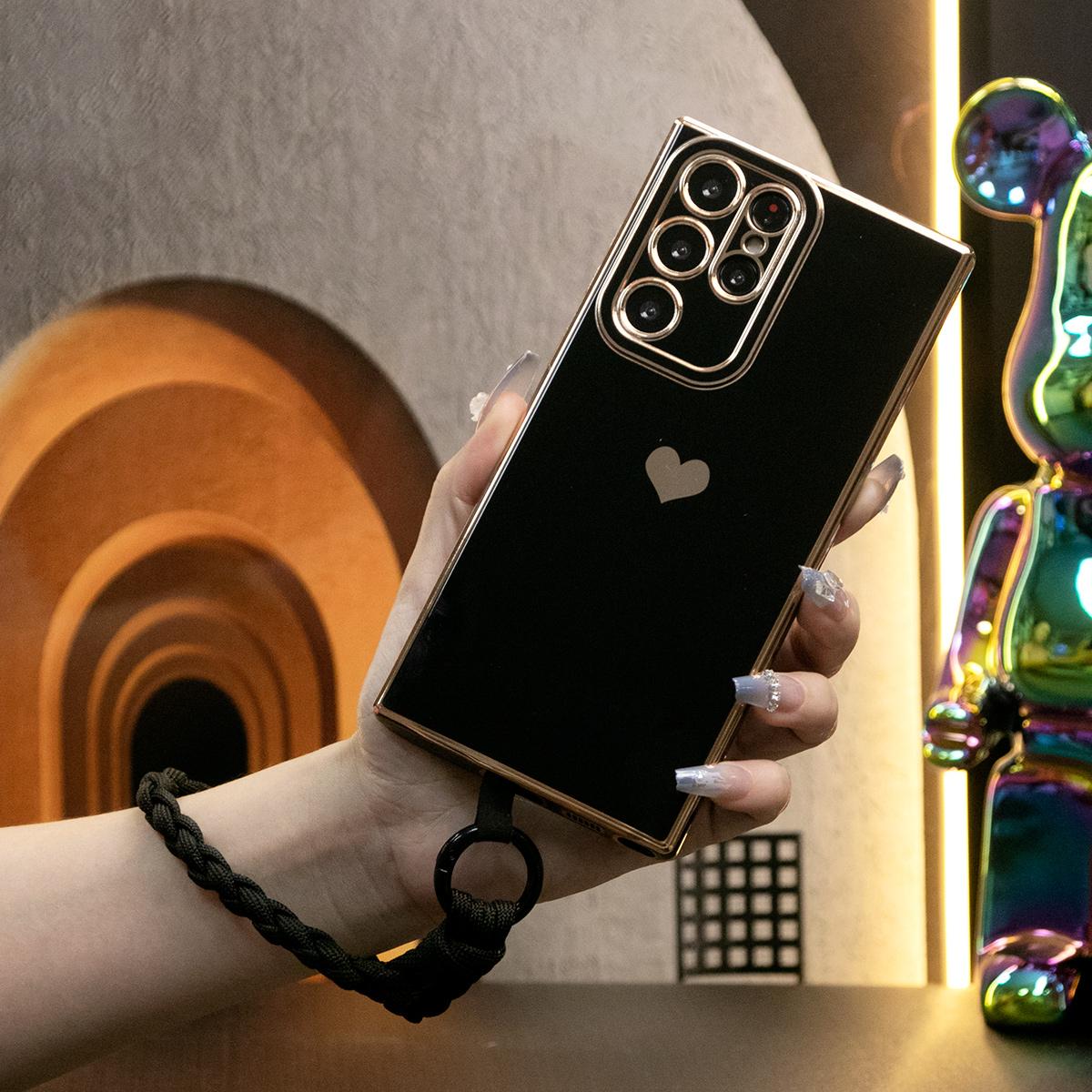 Luxury Love Heart Side Pattern Phone Case With Woven Wristband For Samsung S24 S23 S22 S21 FE Plus Ultra A13 A14 A15 A23 A24 A34 A35 A52