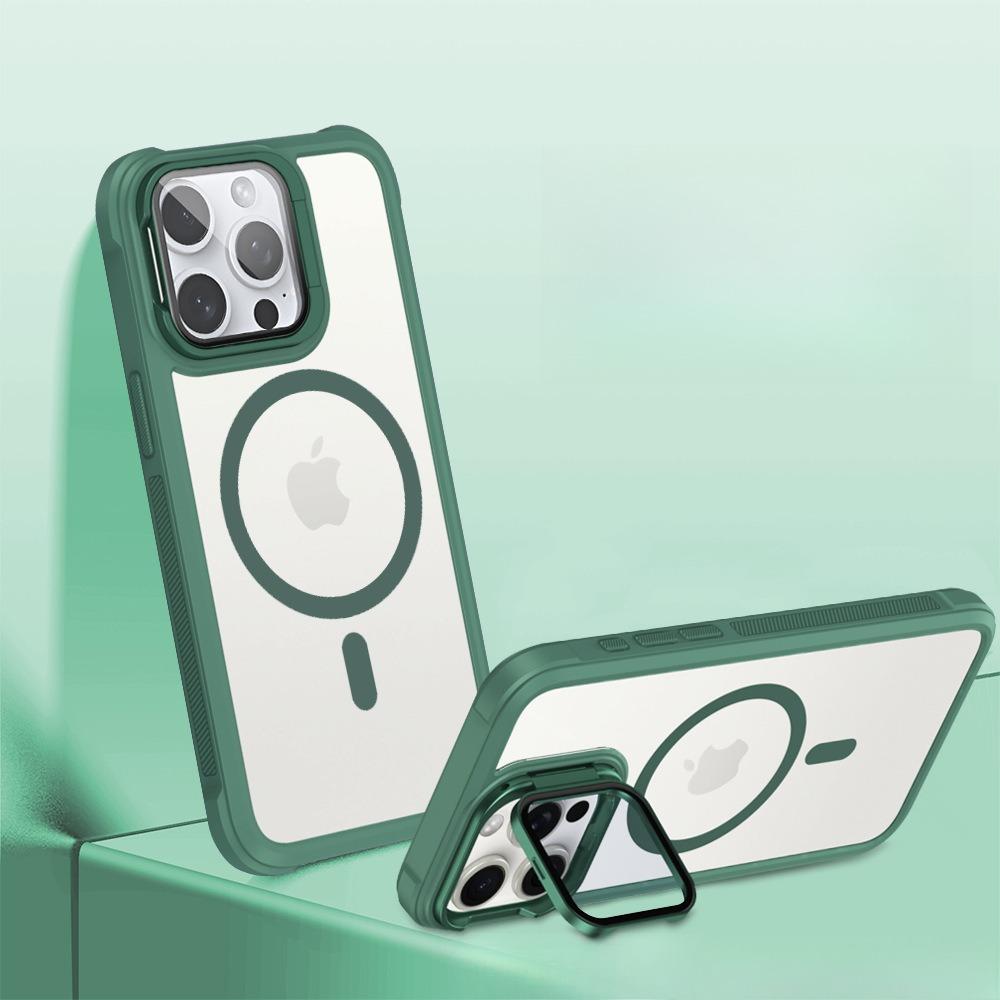 For iPhone 16ProMax 16 15 14 13 12 Strong Magnetic Phone Case, Glass Camera Kickstand Protection, High Definition Acrylic Four Corner Shockproof Bumper Hand Feel Hard Full Cover