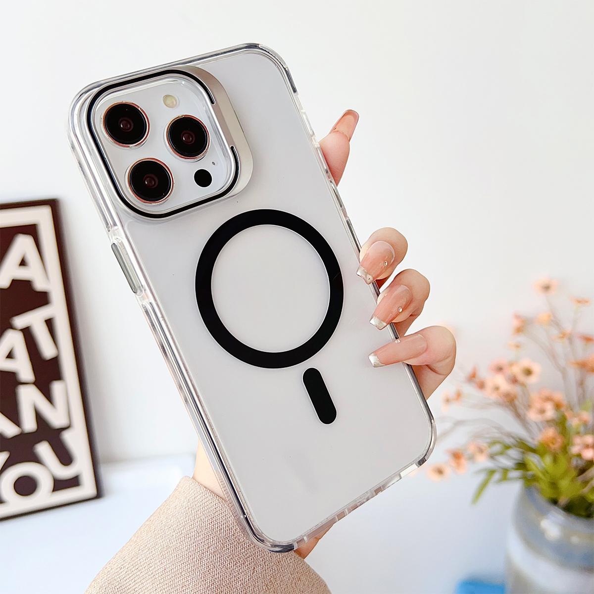 Dual Color Lens Stand Magnetic For Magsafe Wireless Charging Phone Case For iPhone 16 15 14 13 Pro Max Plus Clear TPU Acrylic Hard Cover