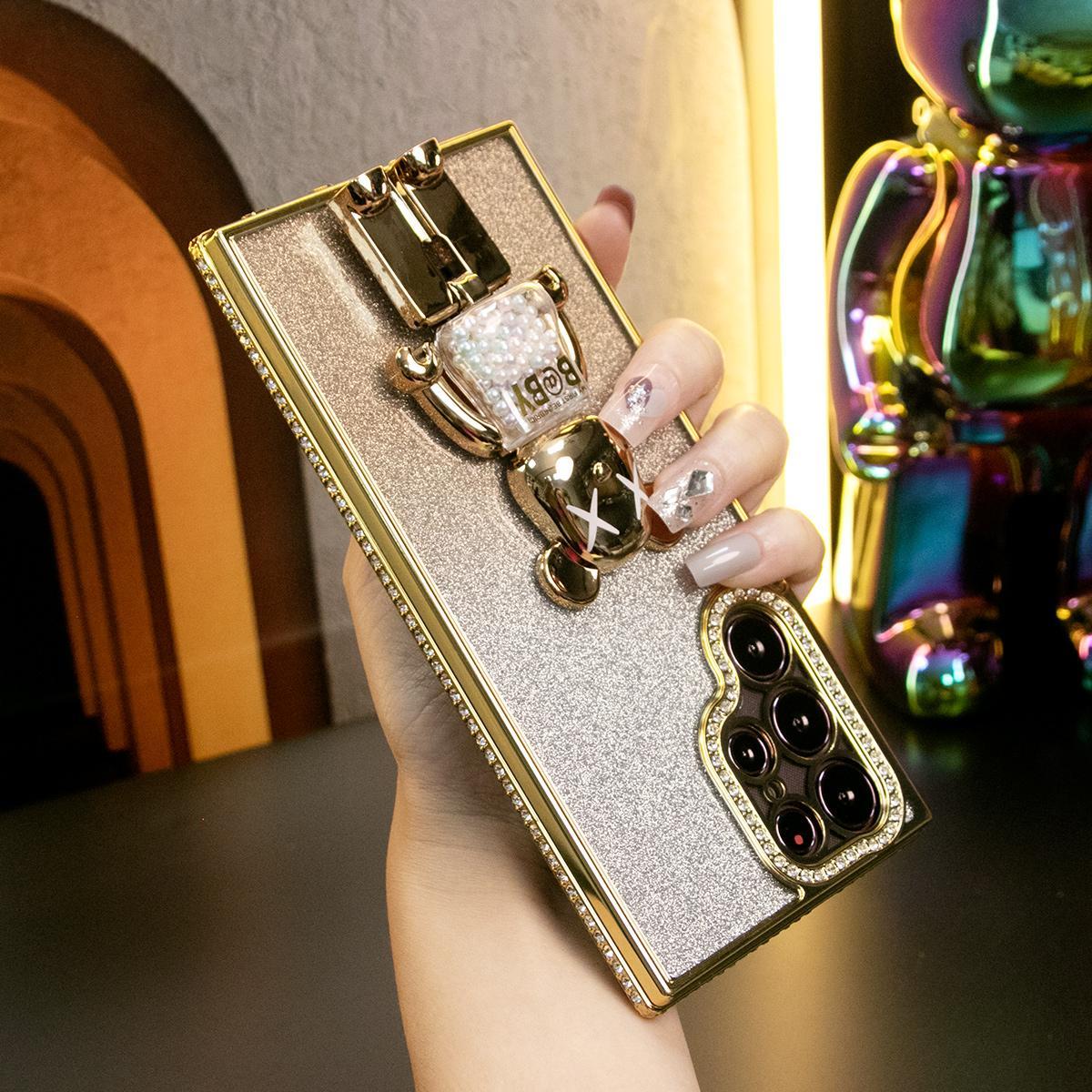 For Samsung S24 S23 S22 Plus Ultra Case, Clear Rhinestone Candy Bear Holder Gradient, Glitter Luxury Elegant Plating Case Camera Protection Shockproof Soft Cover