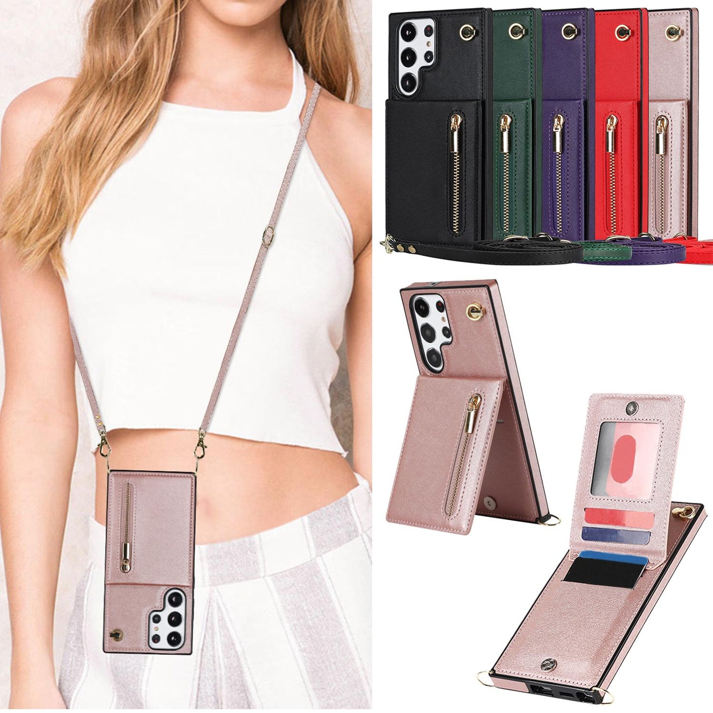 Crossbody Wallet Case Case For Samsung Galaxy S24 S23 S22 Plus Note 20 Ultra With Card Slot Holder, Magnetic Flip Folio Purse Case, PU Leather Zipper Handbag With Detachable Lanyard Strap