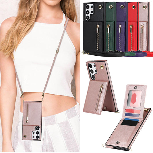 Crossbody Wallet Case Case For Samsung Galaxy S24 S23 S22 Plus Note 20 Ultra With Card Slot Holder, Magnetic Flip Folio Purse Case, PU Leather Zipper Handbag With Detachable Lanyard Strap