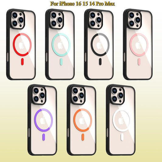 Transparent Magnetic Shockproof Hard Phone Case For iPhone 16 15 14 Pro Max Black Silicone Edges Clear Acrylic Cover