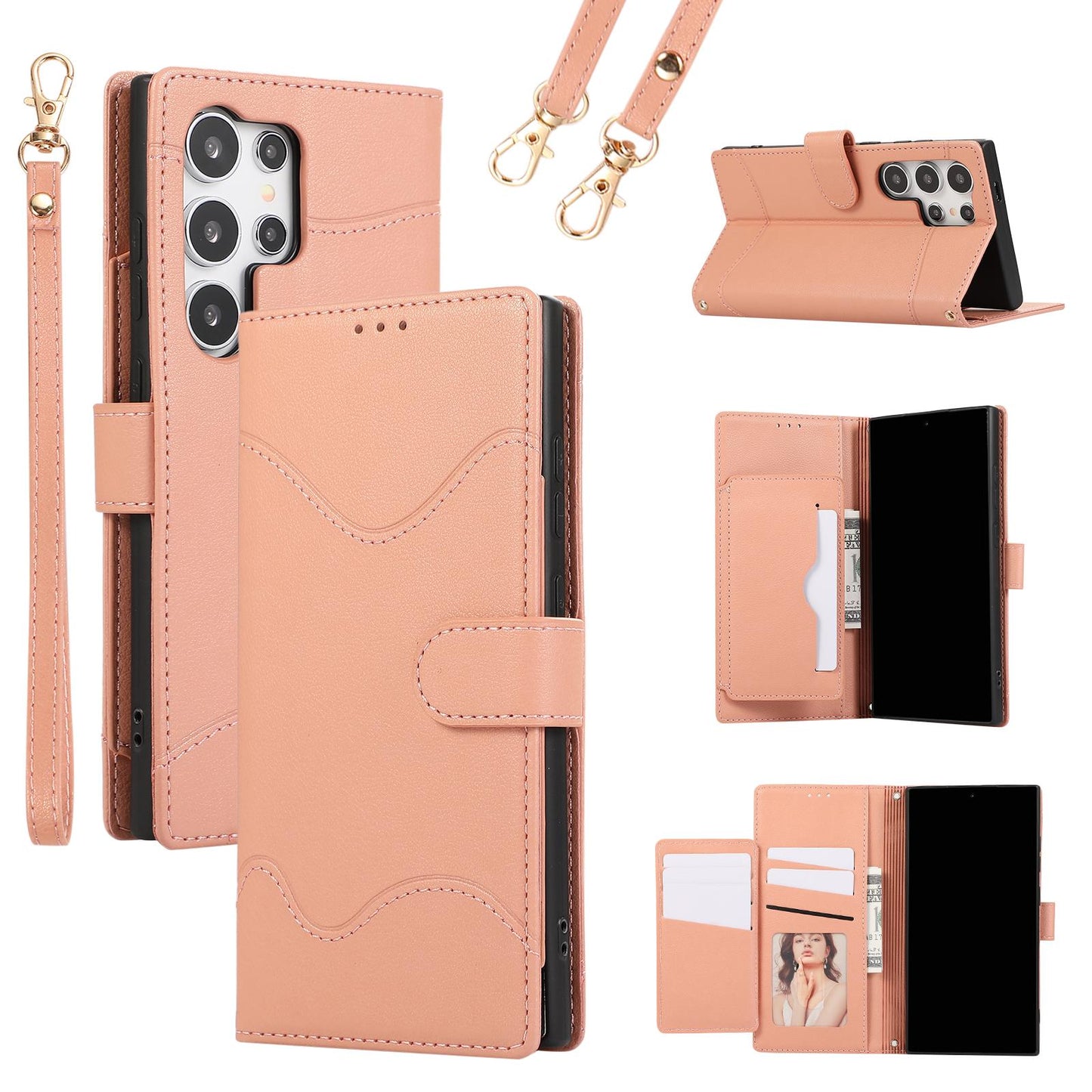 Wrist Strap Crossbody Wallet with Card Holder Phone Case for Samsung S24 Ultra S23 S22 S21 Plus PU Leather Shockproof Cover