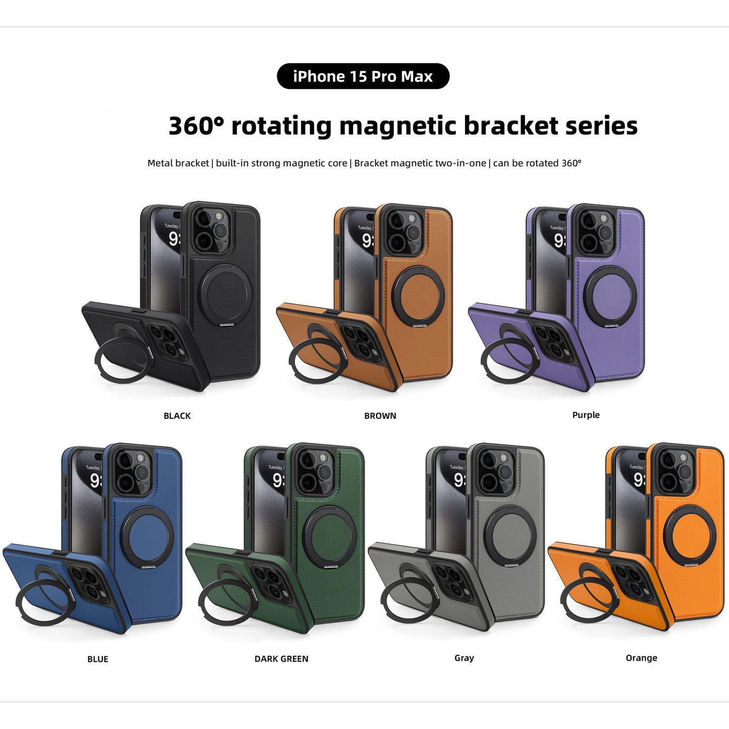 For iPhone 16 15 14 13 Pro Max Phone Case, Luxury Full Leather Case For Magsafe Support Wireless Charging Rotate Metal Magnetic Kickstand Back Hard Full Cover