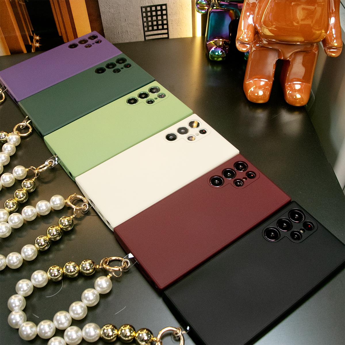Silicone Matte Phone Case with Pearl Metal Lanyard For Samsung S24 S23 S22 S21 Ultra Plus S24Plus S24Ultra Camera Protect Soft Cover S23 FE
