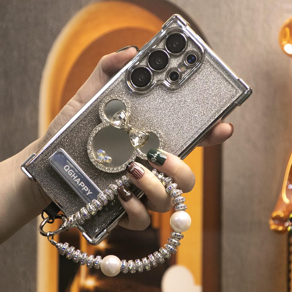 Gradient Plating Four Corners House Head Mirror Thin Kickstand Case with Pearl Diamond Wristband for Samsung S25Ultra S25 S24 S23 S22 S21 Note20 A53 A54 A55 Hard Acrylic Bumper Full Cover