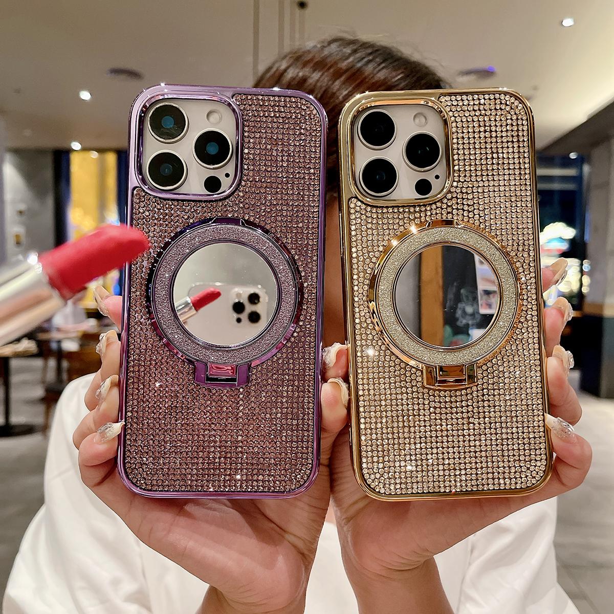 Bling Rhinestone Plating Diamonds Magnetic Wireless Charging Phone Case With Luxury Glitter Mirror Magnetic Kickstand For iPhone 16 15 14 13 12 11 Plus Plus Pro Max Shockproof Protection Soft Bumper Cover