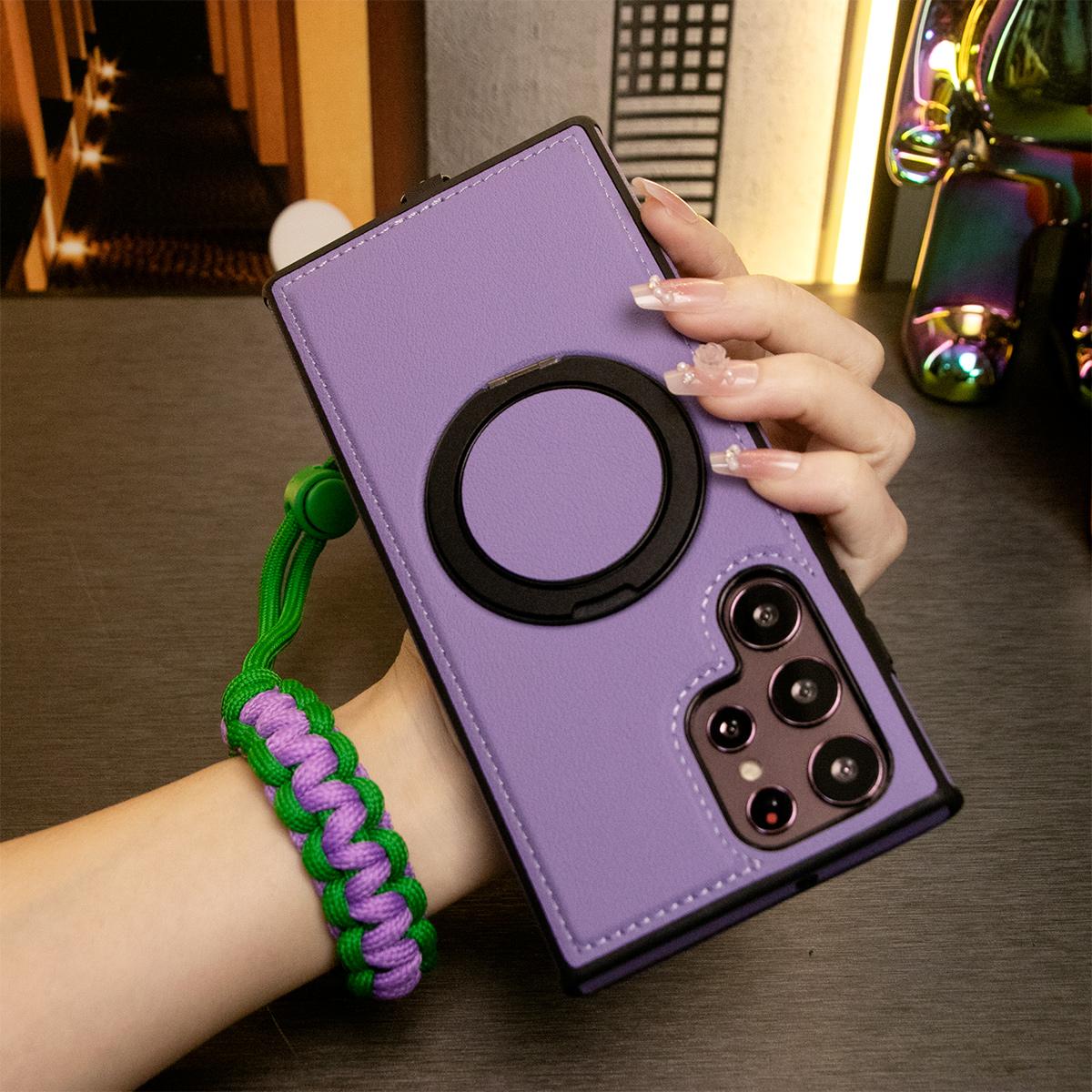 Luxury Full Leather Phone Case With Adjustable Woven Wristband For Magsafe Samsung S24 Ultra S23 S22 Ultra Plus Magnetic Rotate Metal Holder Stand Back Cover