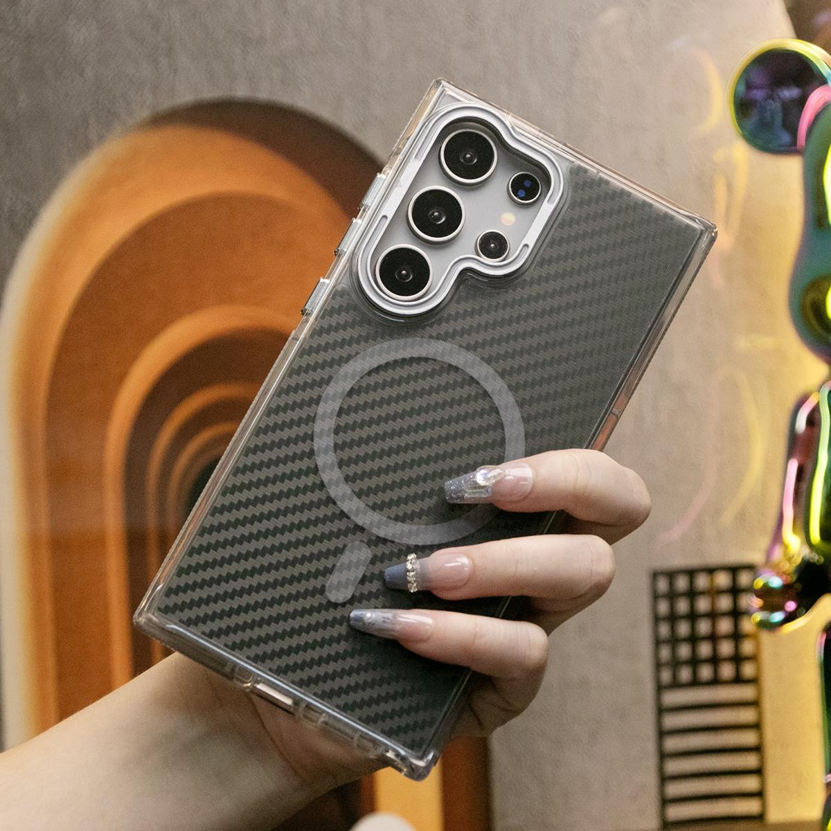 Strong Magnetic Carbon Fiber Pattern Phone Case, Metal Hardware Camera Lens Kickstand Acrylic Cover, With Shockproof Anti-Fall Bumper For Samsung S25 S24 S23 S21FE A14 A15 A24 A25 A35 A54 A55