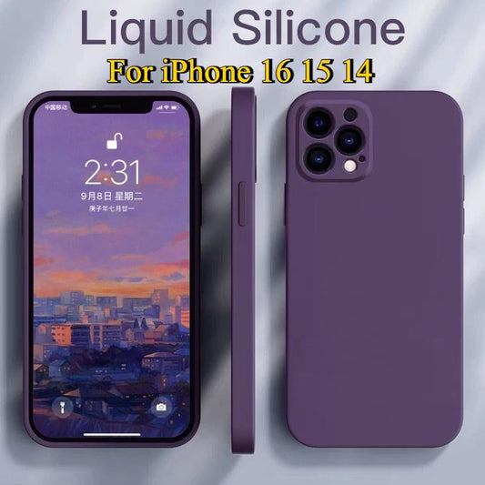 Slim Thin Luxury Square Liquid Soft Silicone Case For iPhone 16 15 14 Pro Max Protective Shockproof Back Cover with Microfiber Lining