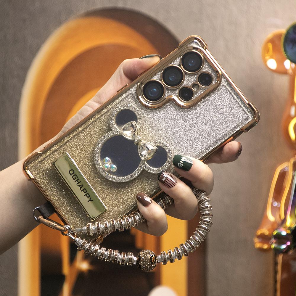 Gradient Plating Four Corners House Head Mirror Thin Kickstand Case with Pearl Diamond Wristband for Samsung S25Ultra S25 S24 S23 S22 S21 Note20 A53 A54 A55 Hard Acrylic Bumper Full Cover