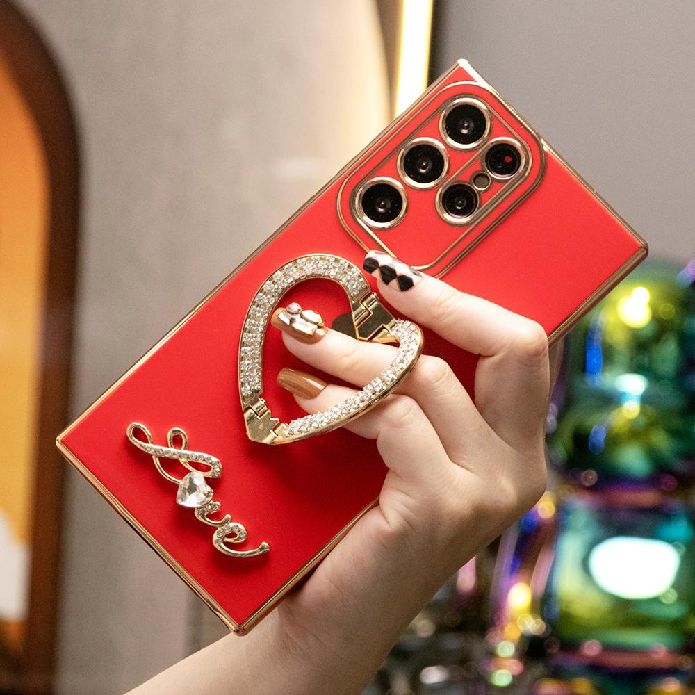 Luxury Rhinestone Love Heart Holder Plating Phone Case For Samsung S25 S24 S23 S22 S21 A16 A15 A25 A35 A55