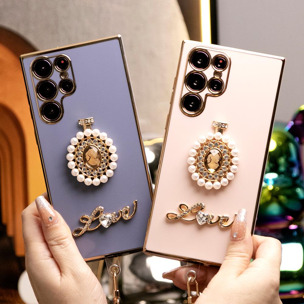 Pearl Perfume Bottle Plus Pearl Chain Plating Phone Case For Samsung S24Ultra S24FE S23 S22 S21 FE Plus Ultra Note 20