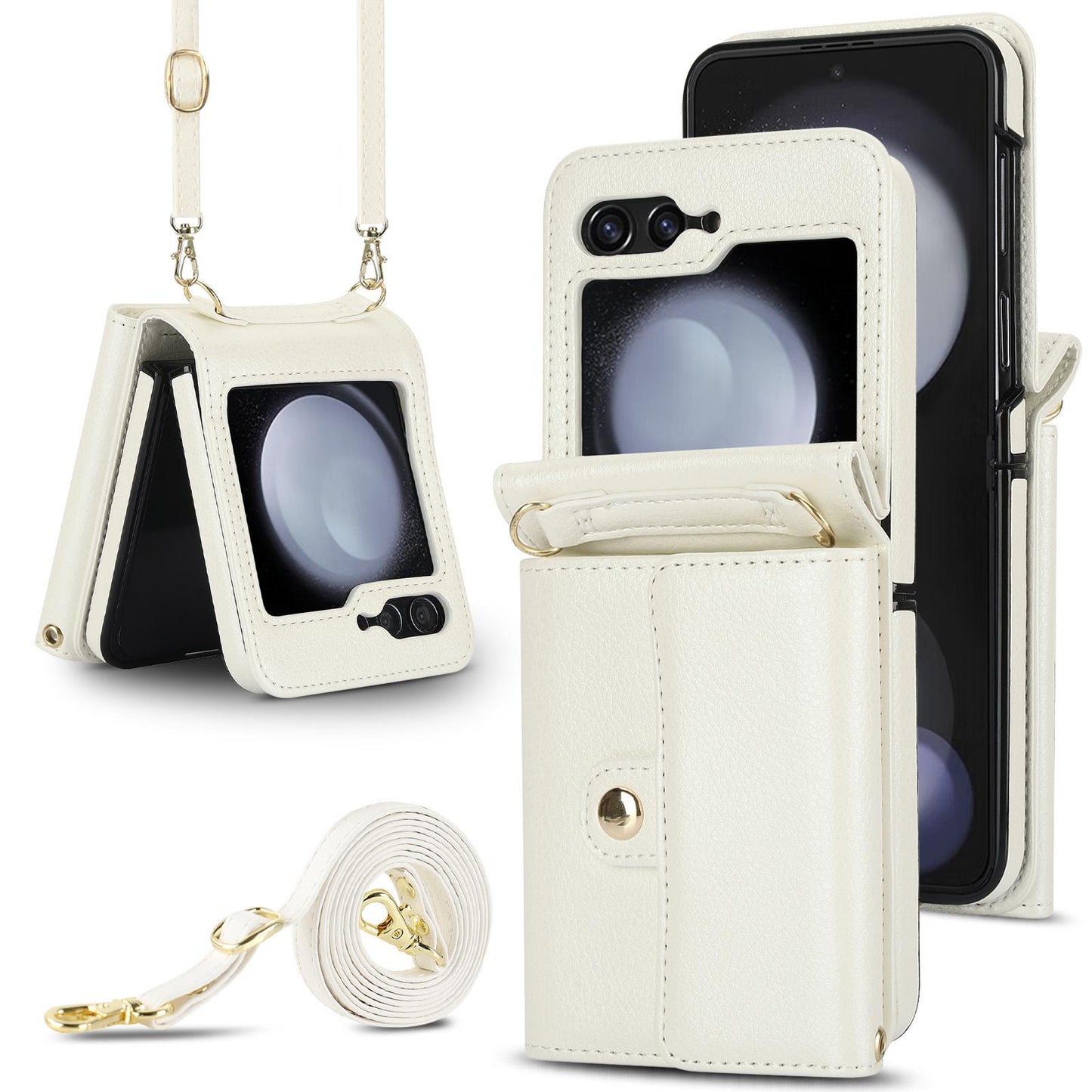 Crossbody Wrist Strap Leather with Card Holder Phone Case for Samsung Galaxy Z Flip 6 5 4 3 Flip6 Flip5 Flip4 Flip3 Wallet Cover