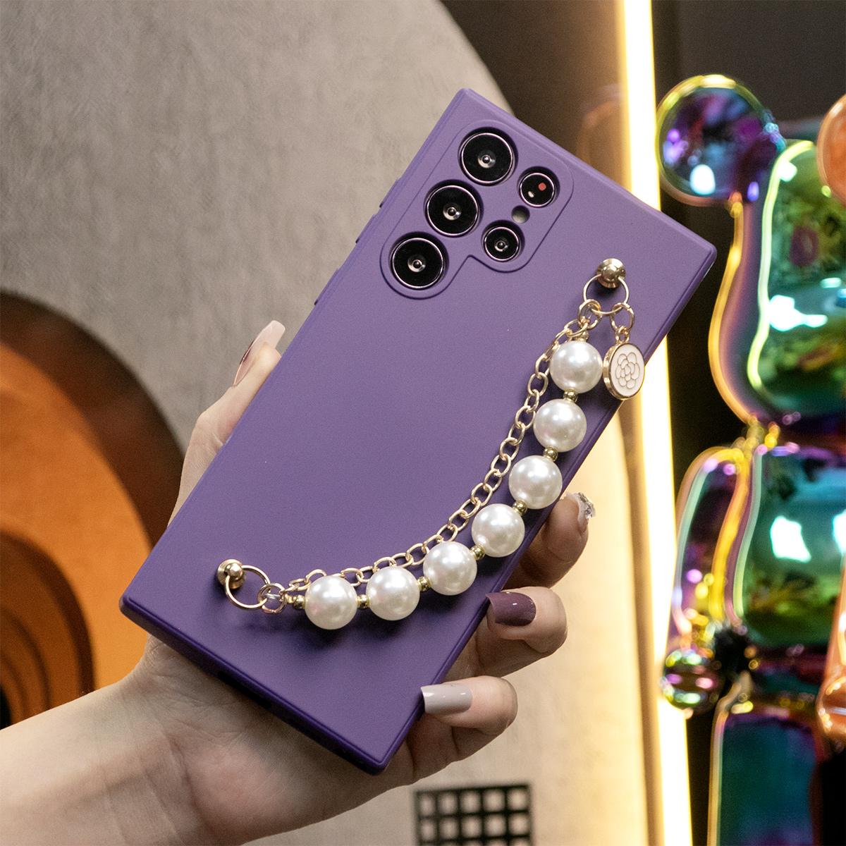Silicone Matte Phone Case With Pearl Double Chain For Samsung S24 S23 S22 S21 Ultra Plus S24Plus S24Ultra Camera Protect Soft Cover S23 FE