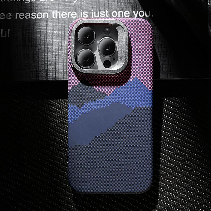 Carbon Fiber Star Mountain Mosaic Particle Matte Strong Magnetic Camera Kickstand Hardware Shockproof Phone Case For iPhone 16ProMax 15 14 13 Hard Full Cover