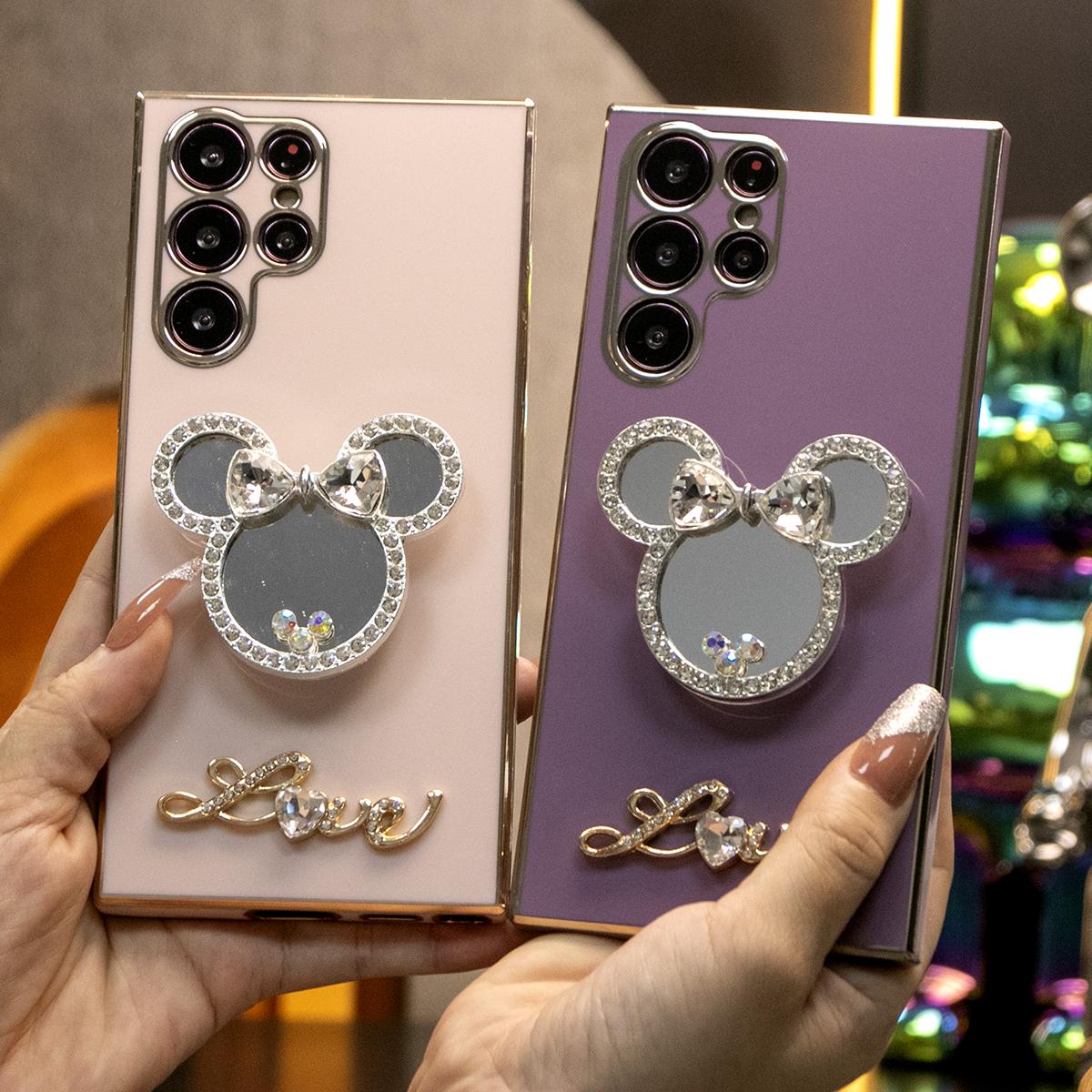 Mouse Head Mirror Popstand Kickstand Plating Soft Phone Case for Samsung A13 A14 A15 A23 A24 A25 A33 A34 A35 A52 A53 A54 A55 A72 A73