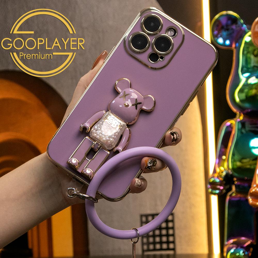 For iPhone 16 15 14 13 Pro Max Phone Case with Silicone Wristband, Candy Bear Kickstand TPU Luxury Plating Slim Soft Full Cover