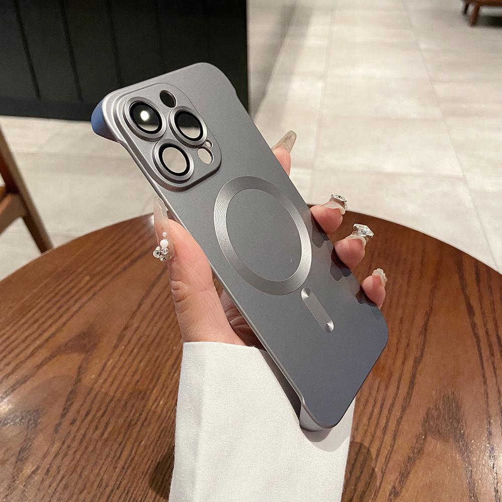 For iPhone 16 15 14 13 Pro Max Phone Case, Ultrathin Magnetic Support Wireless Charging Metallic Glossy Titanium Frameless PC for Magsafe Hard Matte Full Cover