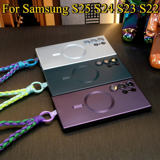 For Samsung S25 S24 S23 S22 FE Plus Ultra Phone Case, Metallic Paint Magnetic Soft Glossy Slim, Full Camera Cover Support Wireless Charging With Woven Wristband