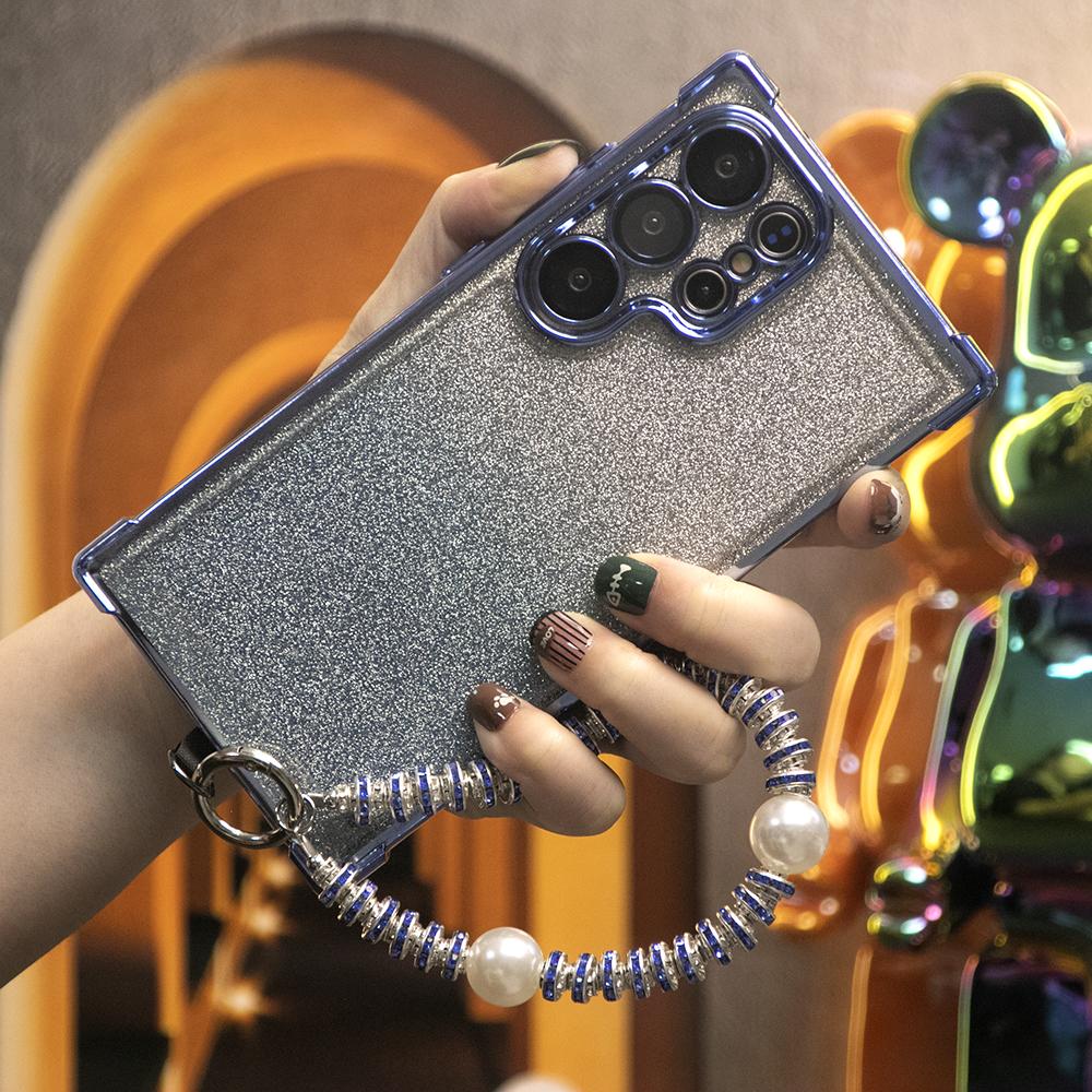 Gradient Plating Four Corners Phone Case with Pearl Diamond Wristband for Samsung S25Ultra S25 S24 S23 S22 S21 Note20 A53 A54 A55 Hard Acrylic Bumper Full Cover