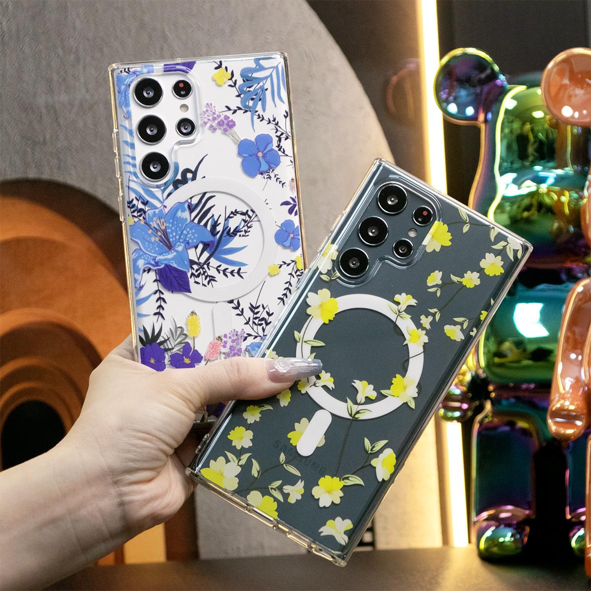 For Samsung S24 S23 S22 S21 Note20 Ultra Case, Clear Flower Magnetic, Glitter Luxury Elegant Case Camera Protection Shockproof Hard Cover