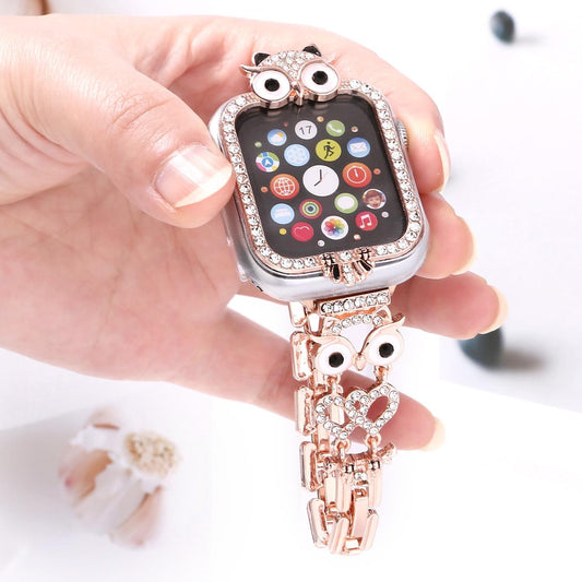 Diamond Owl Chain and Watch Case for Apple Watch 44mm Band 45 42 38 41 Ultra 49mm Link Bracelet for IWatch Series 9 8 7 6 SE 5 4