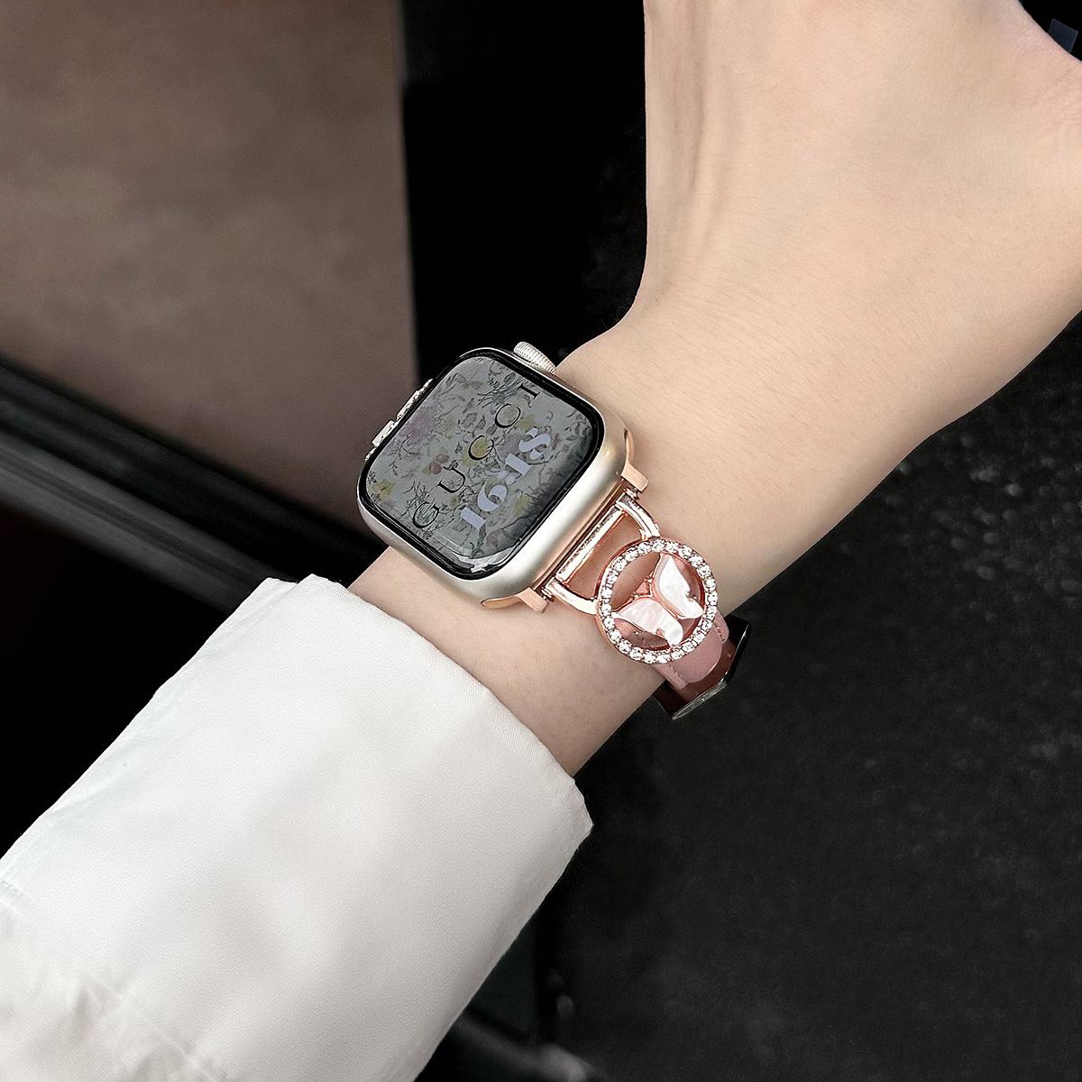 Bling Butterfly Stitching Leather Metal Strap for Apple Watch 44mm Band 45 42 38 41 Ultra 49mm Link Bracelet for IWatch Series 9 8 7 6 SE 5 4