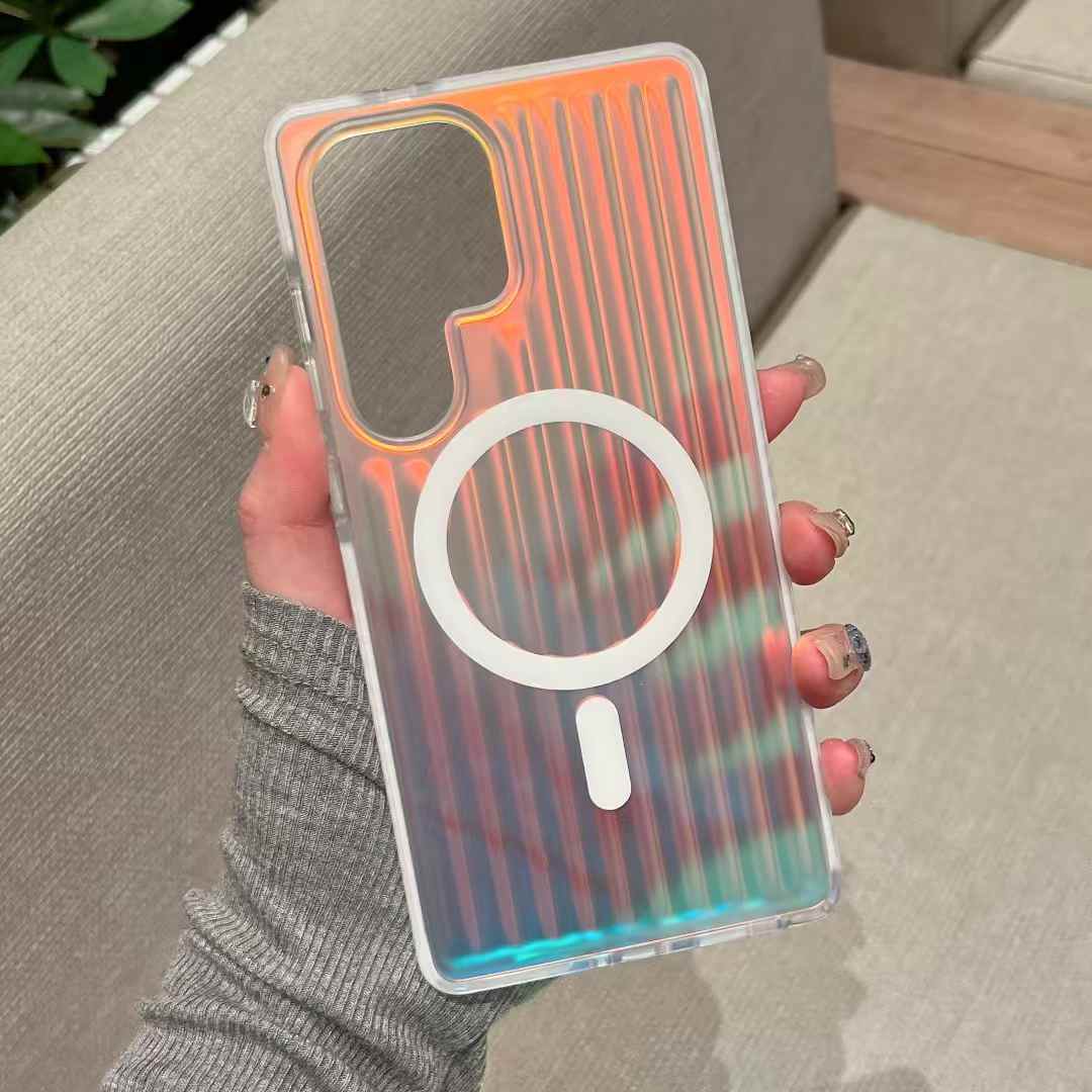 Transparent Gradient Corrugated Grille Suitcase Strong Magnetic Hard Polycarbonate Shockproof Phone Case with Bumper Strip for Samsung S25Ultra Matte Frozen Fog Full Cover