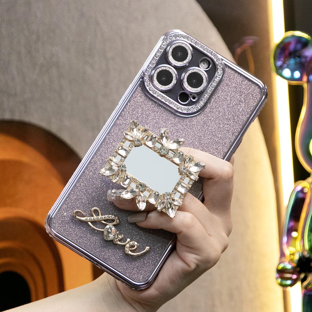 Plating Glitter Diamond Rhinestone Mirror Kickstand Love Phone Case For iPhone 16 15 14 13 12 11 Pro Max