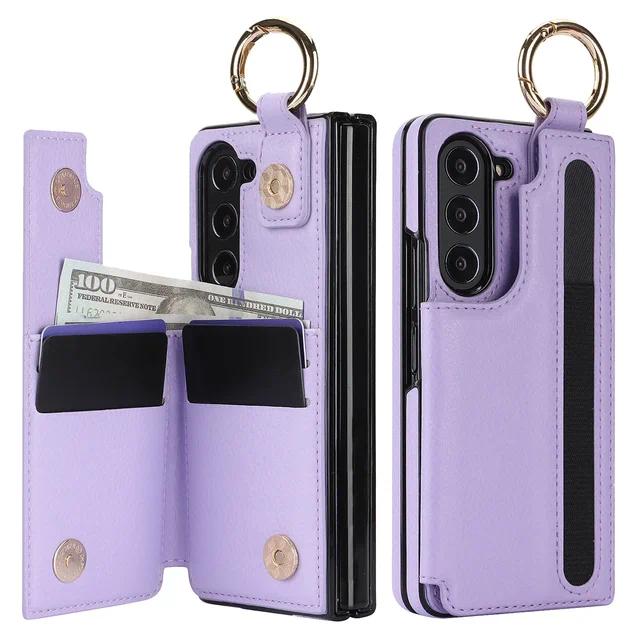 PU Leather Ring Phone Case for Samsung Galaxy Z Fold 6 5 4 3 Fold5 Fold4 Fold3 5G Wallet with Pen Holder & Card Slot (No Pen)