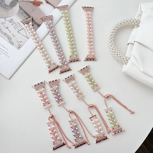 Dual Raw Pearl Chain Strap for Apple Watch 44mm Band 45 42 38 41 Ultra 49mm Link Bracelet for IWatch Series 9 8 7 6 SE 5 4