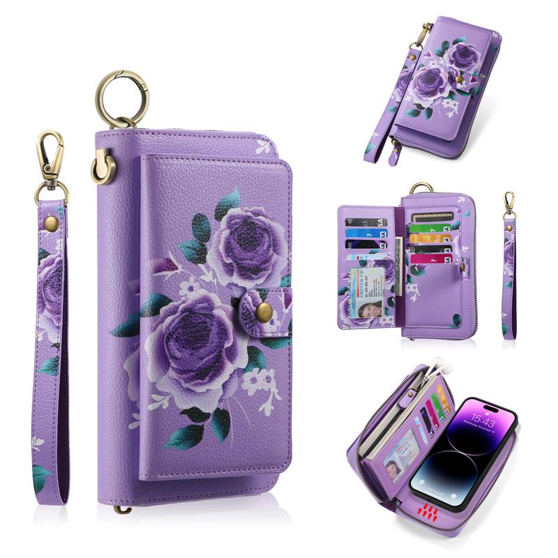 Flower Phone Case For iPhone 16 15 14 Plus 13 12 Pro MAX Multifunction Zipper Leather Magnetic Wallet Split Cover