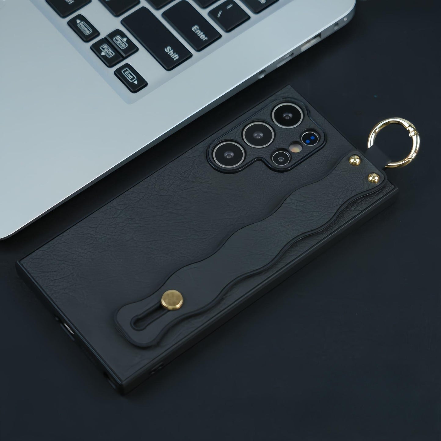 For Samsung S25Ultra S25 S24 S23 S22 S21 Case With Wave Wristband, Matte Durable Faux Leather Kickstand Shockproof Phone Case