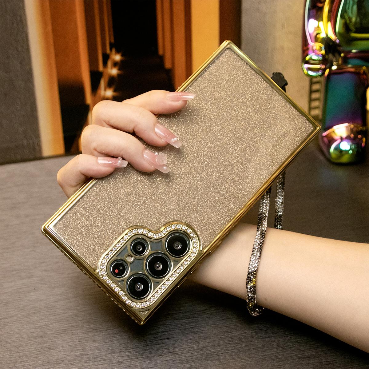 For Samsung S24 S23 S22 Plus Ultra Case, Clear Rhinestone Glitter Luxury Elegant Plating Case With Rhinestone Wristband Camera Protection Shockproof Soft Cover