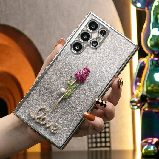 Luxury Diamond Plating Rose Flower Glitter Clear Gradient TPU Plating Shockproof Soft Phone Case For Samsung S24Ultra S24FE S24 S23 S22 S21 FE Plus Ultra