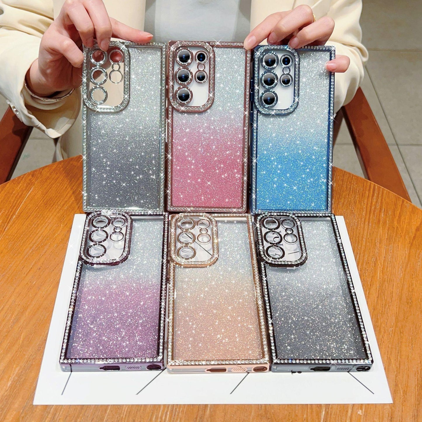 Glitter Rhinestone Clear TPU Square Phone Case with Len Protector For Samsung S25Ultra S25+ S24Ultra S24+ S24 Transparent Bumper Shockproof Soft Full Cover