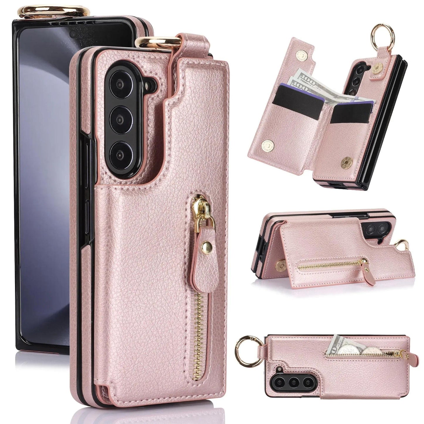 Folding Card Bag Finger Ring Leather Stand Case for Samsung Galaxy Z Fold 3 4 5 6 5G ZFold6 Zipper Wallet  Business ZFold5 Cover
