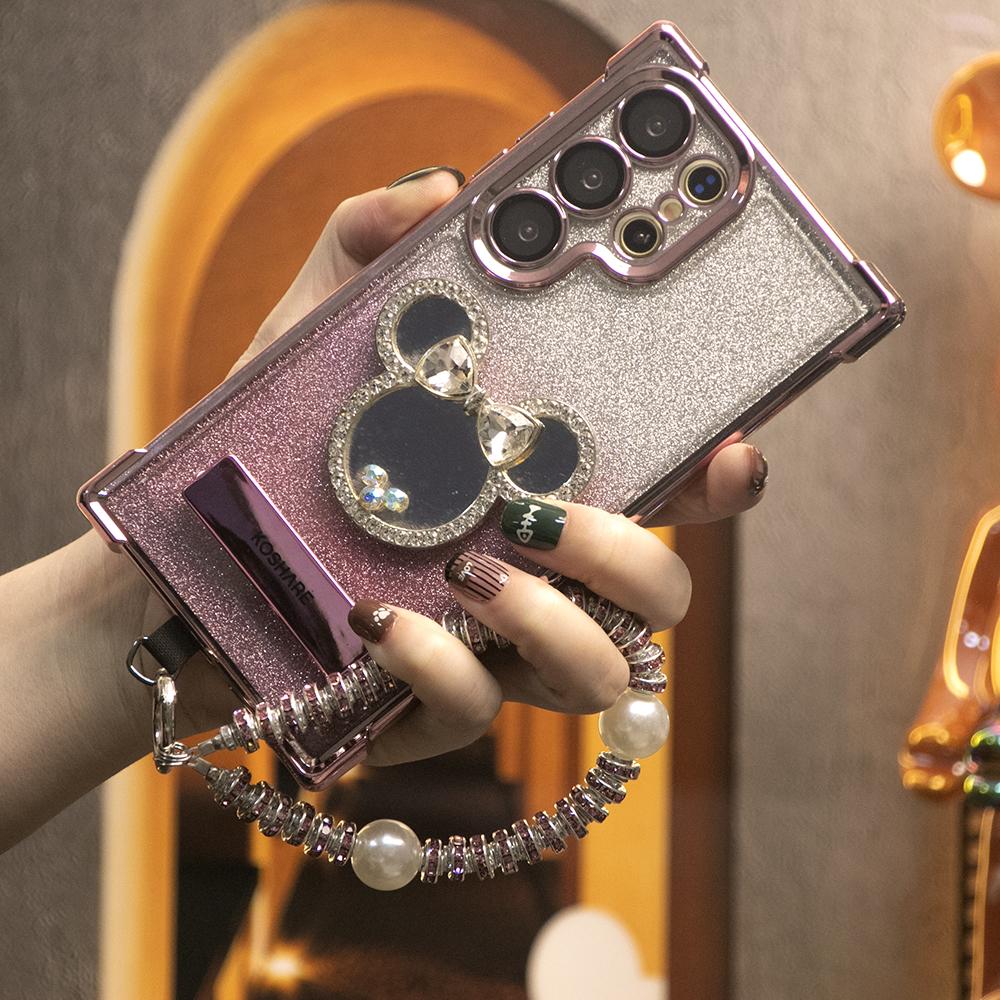 Gradient Plating Four Corners House Head Mirror Thin Kickstand Case with Pearl Diamond Wristband for Samsung S25Ultra S25 S24 S23 S22 S21 Note20 A53 A54 A55 Hard Acrylic Bumper Full Cover