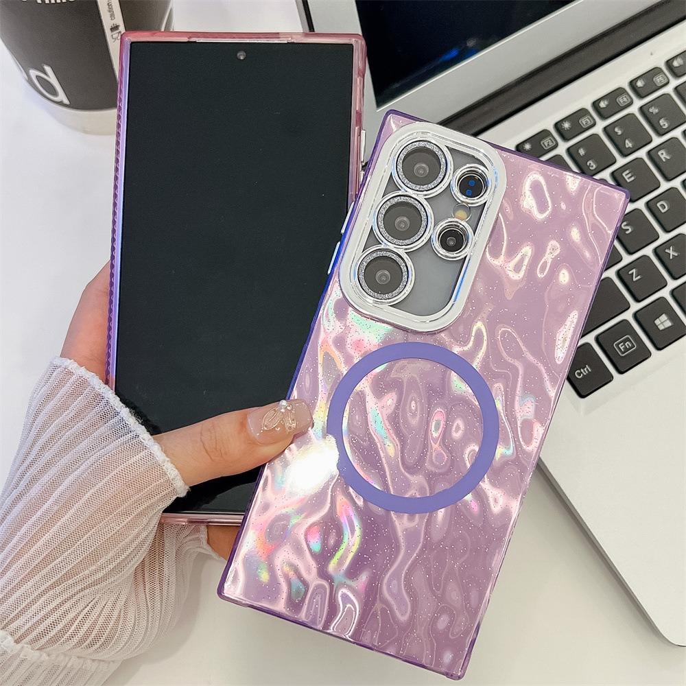 For Samsung S25 S24 S23 A16 A15 A25 A35 A36 A54 A55 A56 Phone Case, Electroplating Magnetic Laser Flow Silk Pattern Acrylic Slim With Glitter Len Protector, Protection Non-Yellowing Hard Cover