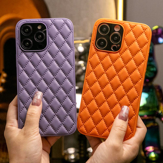 Elegant Lattice Leather Hard Phone Case for iPhone 16 15 14 13 12 Pro Max Full Cover